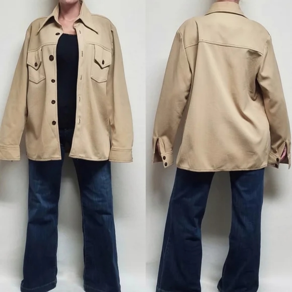 Vintage 70s Tan Stretchy Woven Oversized Button Up Western Shacket Jacket Small